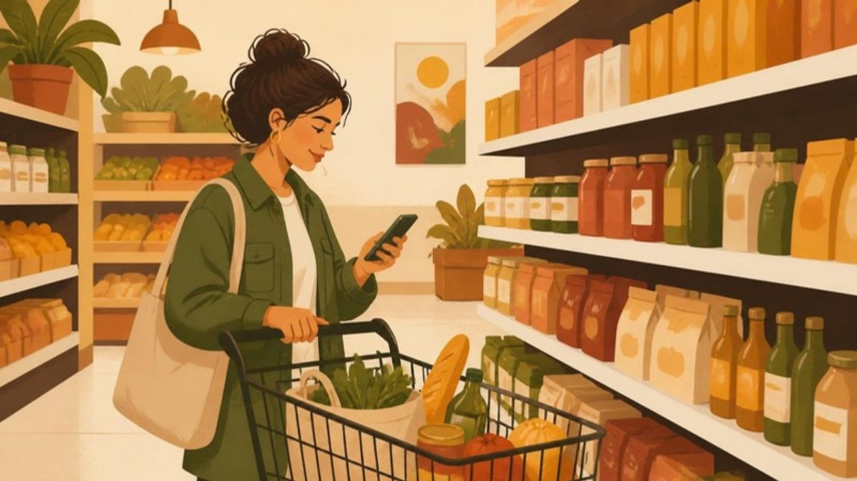 Pessoa no mercado conferindo a lista no celular