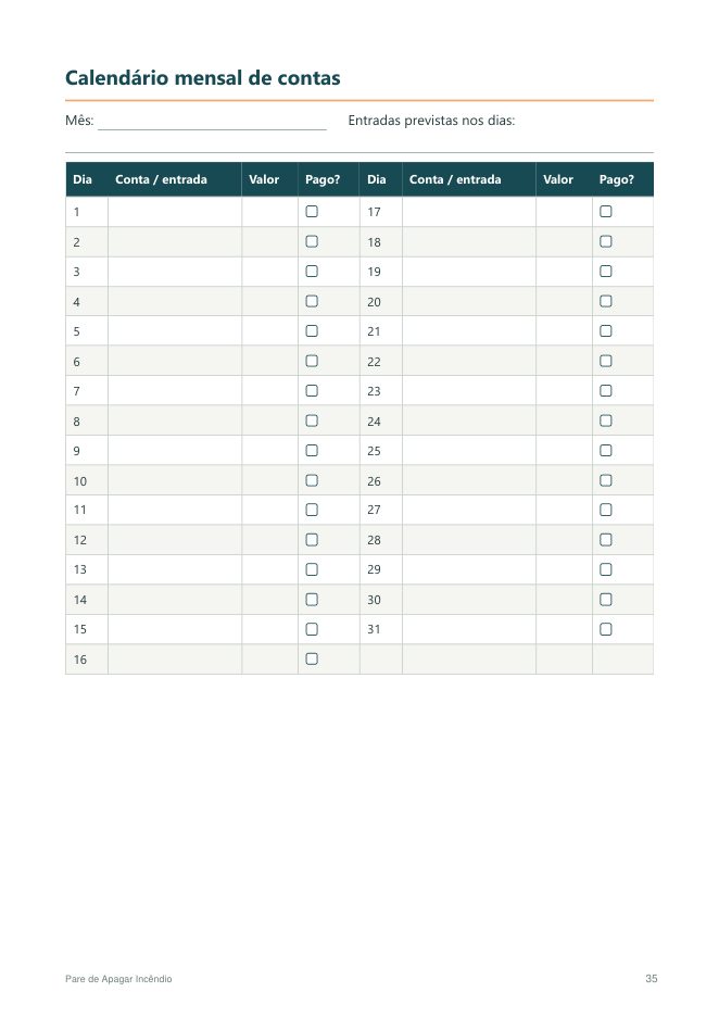 Folha de apoio calendário mensal de contas
